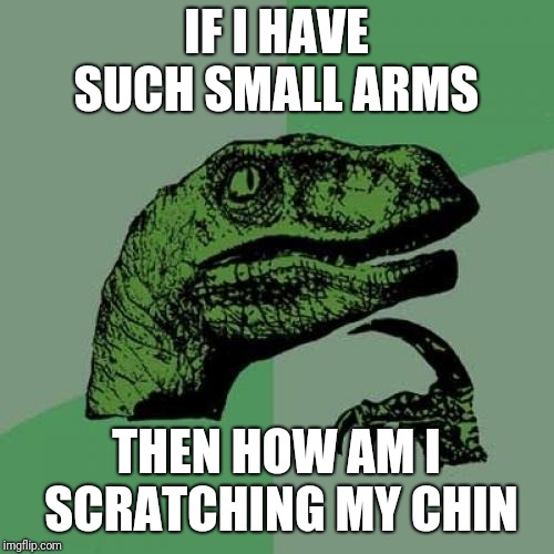 Philosoraptor Meme | IF I HAVE SUCH SMALL ARMS; THEN HOW AM I SCRATCHING MY CHIN | image tagged in memes,philosoraptor | made w/ Imgflip meme maker