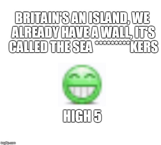 UK's The Wall | BRITAIN'S AN ISLAND, WE ALREADY HAVE A WALL, IT'S CALLED THE SEA *********KERS; HIGH 5 | image tagged in make britain great,walls,trump wall,uk,britain,the wall | made w/ Imgflip meme maker