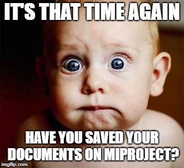scared baby | IT'S THAT TIME AGAIN; HAVE YOU SAVED YOUR DOCUMENTS ON MIPROJECT? | image tagged in scared baby | made w/ Imgflip meme maker
