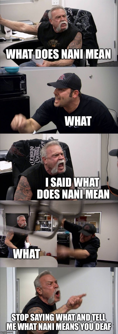 Americans asking Japanese words meaning in a nutshell | WHAT DOES NANI MEAN; WHAT; I SAID WHAT DOES NANI MEAN; WHAT; STOP SAYING WHAT AND TELL ME WHAT NANI MEANS YOU DEAF | image tagged in memes,american chopper argument | made w/ Imgflip meme maker