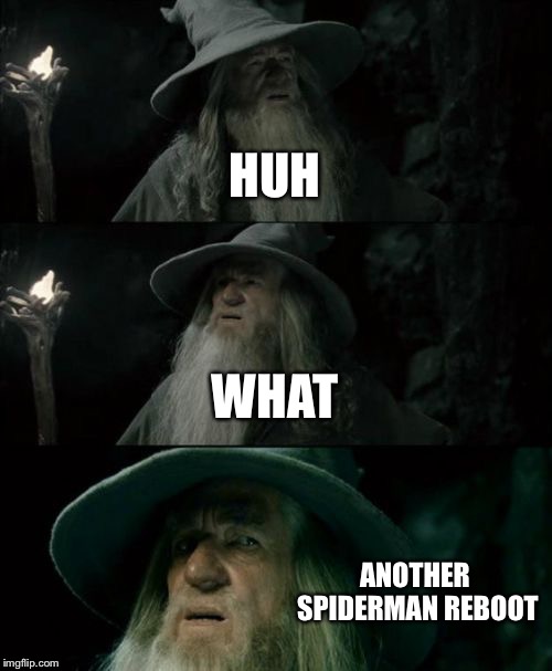 Confused Gandalf Meme | HUH; WHAT; ANOTHER SPIDERMAN REBOOT | image tagged in memes,confused gandalf | made w/ Imgflip meme maker