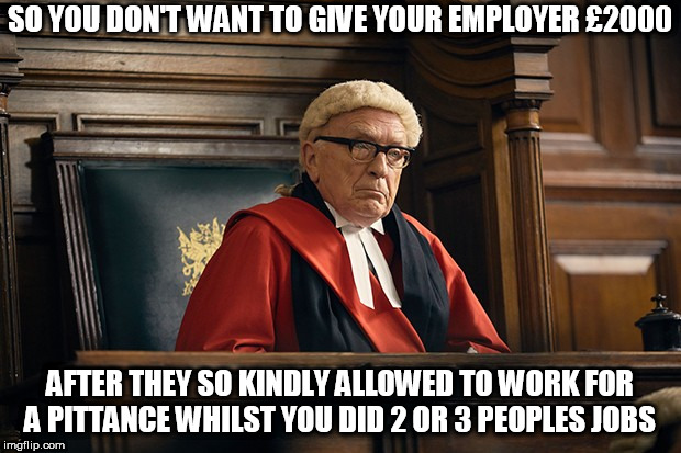 SO YOU DON'T WANT TO GIVE YOUR EMPLOYER £2000; AFTER THEY SO KINDLY ALLOWED TO WORK FOR A PITTANCE WHILST YOU DID 2 OR 3 PEOPLES JOBS | image tagged in english judge | made w/ Imgflip meme maker