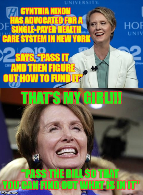 Dingbats Think Alike | CYNTHIA NIXON HAS ADVOCATED FOR A SINGLE-PAYER HEALTH CARE SYSTEM IN NEW YORK; SAYS, “PASS IT AND THEN FIGURE OUT HOW TO FUND IT”; THAT'S MY GIRL!!! "PASS THE BILL SO THAT YOU CAN FIND OUT WHAT IS IN IT" | image tagged in memes,nancy pelosi,nixon,health care,shut up and take my money fry | made w/ Imgflip meme maker