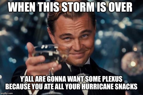 Leonardo Dicaprio Cheers Meme | WHEN THIS STORM IS OVER; Y’ALL ARE GONNA WANT SOME PLEXUS BECAUSE YOU ATE ALL YOUR HURRICANE SNACKS | image tagged in memes,leonardo dicaprio cheers | made w/ Imgflip meme maker