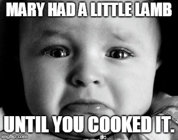 Sad Baby Meme | MARY HAD A LITTLE LAMB UNTIL YOU COOKED IT. | image tagged in memes,sad baby | made w/ Imgflip meme maker