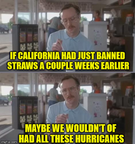 Kip Pretty Serious | IF CALIFORNIA HAD JUST BANNED STRAWS A COUPLE WEEKS EARLIER; MAYBE WE WOULDN'T OF HAD ALL THESE HURRICANES | image tagged in kip pretty serious,memes,plastic straws,hurricane,global warming | made w/ Imgflip meme maker