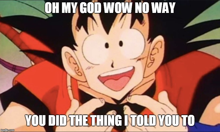 Sarcastic Thank You | OH MY GOD WOW NO WAY; YOU DID THE THING I TOLD YOU TO | image tagged in goku excited,sarcasm,sarcastic,thank you,do your job,thanks for nothing | made w/ Imgflip meme maker