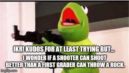 kermit with ak 47 | IKR! KUDOS FOR AT LEAST TRYING BUT... I WONDER IF A SHOOTER CAN SHOOT BETTER THAN A FIRST GRADER CAN THROW A ROCK. | image tagged in kermit with ak 47 | made w/ Imgflip meme maker