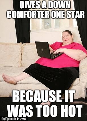 Fat woman on computer | GIVES A DOWN COMFORTER ONE STAR; BECAUSE IT WAS TOO HOT | image tagged in fat woman on computer | made w/ Imgflip meme maker