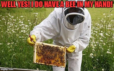 bee keeper | WELL YES! I DO HAVE A BEE IN MY HAND! | image tagged in bee keeper | made w/ Imgflip meme maker