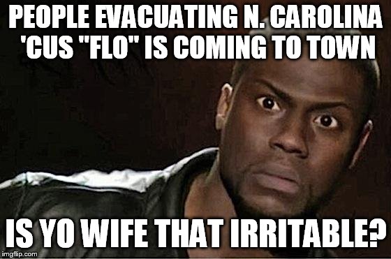 Kevin Hart Meme | PEOPLE EVACUATING N. CAROLINA 'CUS "FLO" IS COMING TO TOWN; IS YO WIFE THAT IRRITABLE? | image tagged in memes,kevin hart | made w/ Imgflip meme maker
