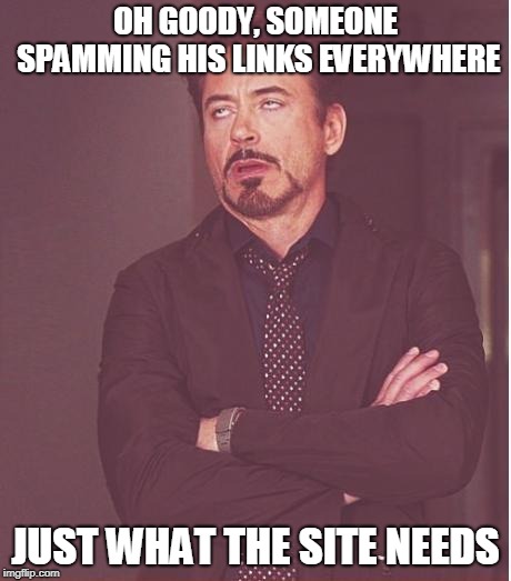 Robert downey junior | OH GOODY, SOMEONE SPAMMING HIS LINKS EVERYWHERE JUST WHAT THE SITE NEEDS | image tagged in robert downey junior | made w/ Imgflip meme maker