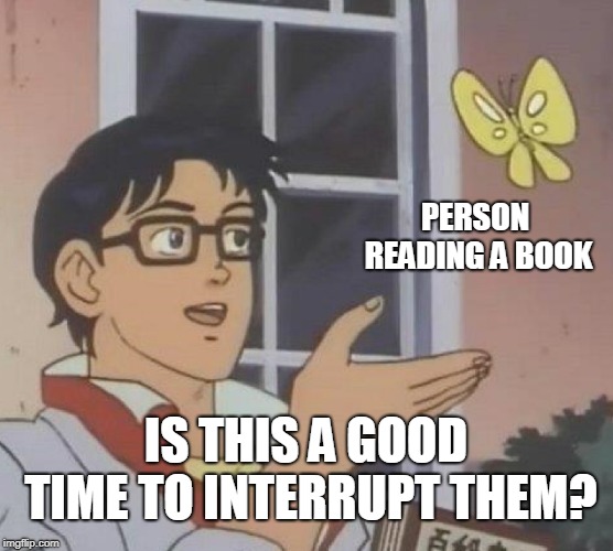 Is This A Pigeon Meme | PERSON READING A BOOK IS THIS A GOOD TIME TO INTERRUPT THEM? | image tagged in memes,is this a pigeon | made w/ Imgflip meme maker