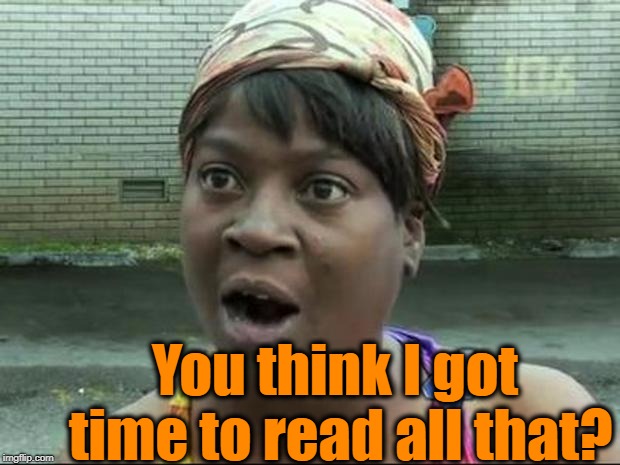 Ain't Nobody Got Time for That | You think I got time to read all that? | image tagged in ain't nobody got time for that | made w/ Imgflip meme maker