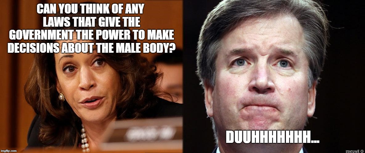 Kamala Harris slapping Brett Kavanaugh  | CAN YOU THINK OF ANY LAWS THAT GIVE THE GOVERNMENT THE POWER TO MAKE DECISIONS ABOUT THE MALE BODY? DUUHHHHHHH... | image tagged in kamala harris,brett kavanaugh,supreme court,donald trump,abortion,idiot | made w/ Imgflip meme maker