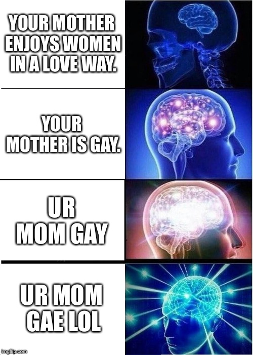 Expanding Brain | YOUR MOTHER ENJOYS WOMEN IN A LOVE WAY. YOUR MOTHER IS GAY. UR MOM GAY; UR MOM GAE LOL | image tagged in memes,expanding brain | made w/ Imgflip meme maker