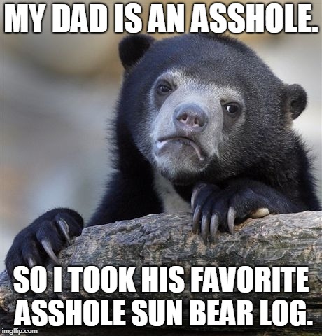 Confession Bear Meme | MY DAD IS AN ASSHOLE. SO I TOOK HIS FAVORITE ASSHOLE SUN BEAR LOG. | image tagged in memes,confession bear | made w/ Imgflip meme maker