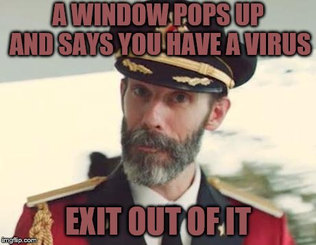 Captain Obvious | A WINDOW POPS UP AND SAYS YOU HAVE A VIRUS; EXIT OUT OF IT | image tagged in captain obvious | made w/ Imgflip meme maker