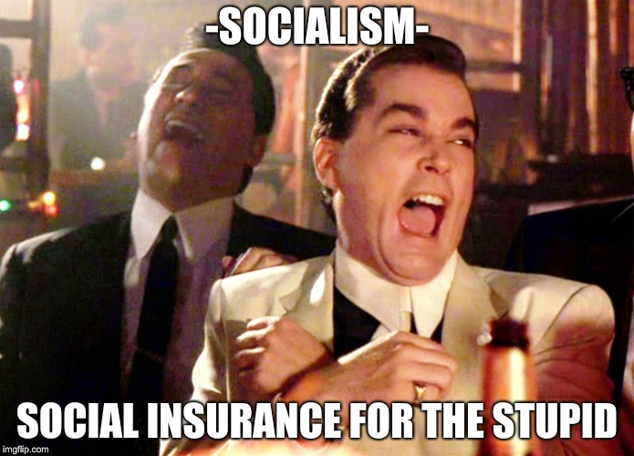 Good Fellas Hilarious Meme | -SOCIALISM-; SOCIAL INSURANCE FOR THE STUPID | image tagged in memes,good fellas hilarious | made w/ Imgflip meme maker