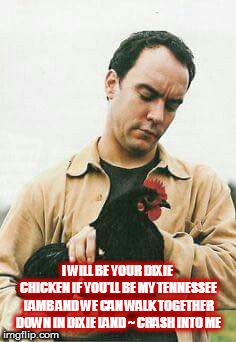 DMB Crash Into Me | I WILL BE YOUR DIXIE CHICKEN IF YOU'LL BE MY TENNESSEE LAMB AND WE CAN WALK TOGETHER DOWN IN DIXIE LAND ~ CRASH INTO ME | image tagged in dmb,dave matthews,dave matthews band,crash into me,chicken,lamb | made w/ Imgflip meme maker