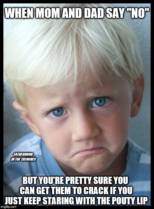 They'll Crack | WHEN MOM AND DAD SAY "NO"; FATHERHOOD IN THE TRENCHES; BUT YOU'RE PRETTY SURE YOU CAN GET THEM TO CRACK IF YOU JUST KEEP STARING WITH THE POUTY LIP | image tagged in pouty face,kids,parenting | made w/ Imgflip meme maker
