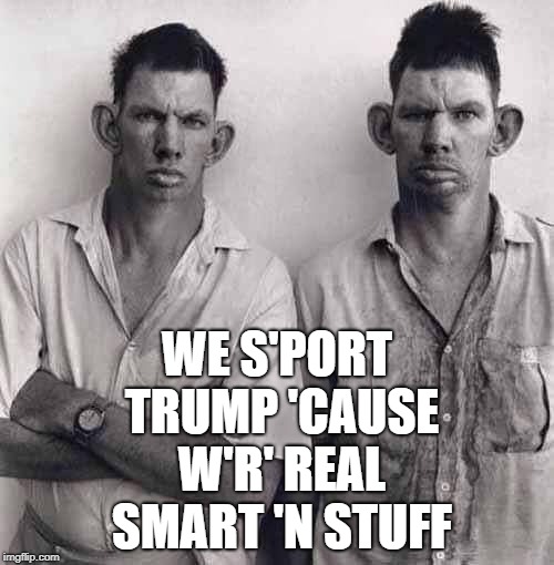 Trump Supporters MEME | WE S'PORT TRUMP 'CAUSE W'R' REAL SMART 'N STUFF | image tagged in trump supporters,donald trump,idiots,trump 2020,morons,meme | made w/ Imgflip meme maker
