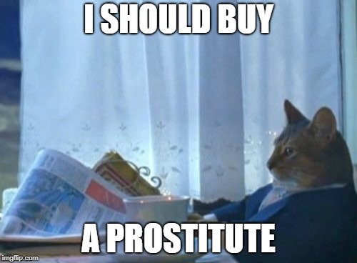 I Should Buy A Boat Cat | I SHOULD BUY; A PROSTITUTE | image tagged in memes,i should buy a boat cat | made w/ Imgflip meme maker