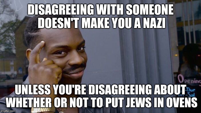 Disagreeing with someone doesn't make you a Nazi | DISAGREEING WITH SOMEONE DOESN'T MAKE YOU A NAZI; UNLESS YOU'RE DISAGREEING ABOUT WHETHER OR NOT TO PUT JEWS IN OVENS | image tagged in memes,roll safe think about it,disagree,nazi | made w/ Imgflip meme maker