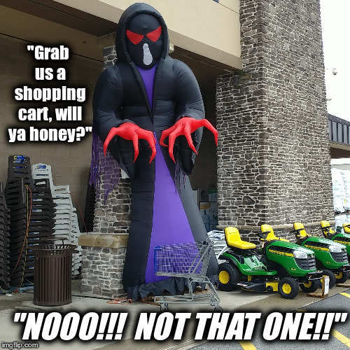 Grab us a shopping cart, will ya honey?  NOOO!!! NOT THAT ONE!! | "Grab us a shopping cart, will ya honey?"; "NOOO!!!  NOT THAT ONE!!" | image tagged in scary shopping cart,shopping,cart,death,halloween,scary | made w/ Imgflip meme maker
