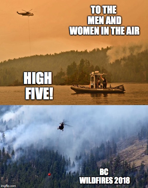 While on tour with my fire warden friend, I got to see some real pretty flyin'! These pilots ROCK! | TO THE MEN AND WOMEN IN THE AIR; HIGH FIVE! BC WILDFIRES 2018 | image tagged in bc wildfires | made w/ Imgflip meme maker