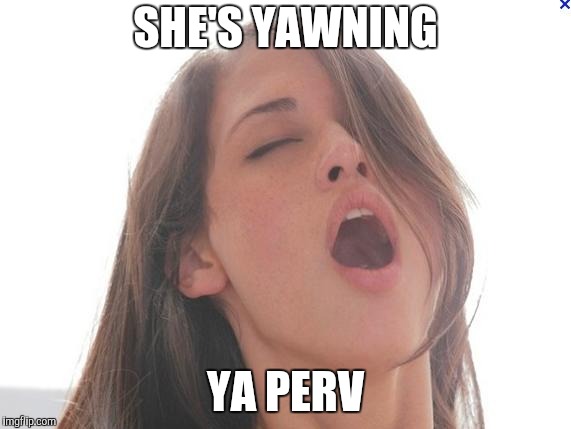 orgasm | SHE'S YAWNING YA PERV | image tagged in orgasm | made w/ Imgflip meme maker
