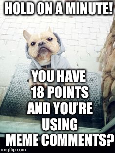 Hold on a minute | HOLD ON A MINUTE! YOU HAVE 18 POINTS AND YOU’RE USING MEME COMMENTS? | image tagged in hold on a minute | made w/ Imgflip meme maker
