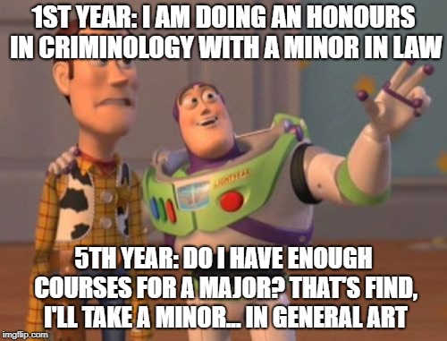 X, X Everywhere Meme | 1ST YEAR: I AM DOING AN HONOURS IN CRIMINOLOGY WITH A MINOR IN LAW; 5TH YEAR: DO I HAVE ENOUGH COURSES FOR A MAJOR? THAT'S FIND, I'LL TAKE A MINOR... IN GENERAL ART | image tagged in memes,x x everywhere | made w/ Imgflip meme maker