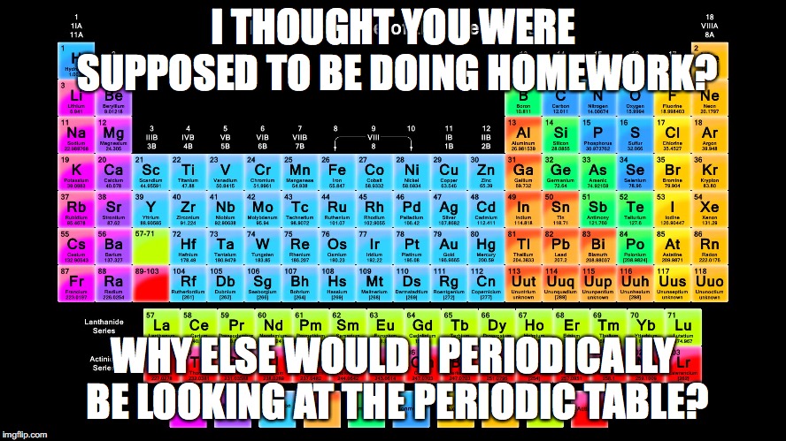 Periodic Table of Elements | I THOUGHT YOU WERE SUPPOSED TO BE DOING HOMEWORK? WHY ELSE WOULD I PERIODICALLY BE LOOKING AT THE PERIODIC TABLE? | image tagged in periodic table of elements | made w/ Imgflip meme maker