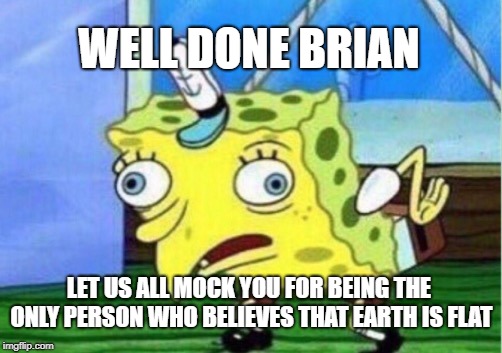 Mocking Spongebob Meme | WELL DONE BRIAN LET US ALL MOCK YOU FOR BEING THE ONLY PERSON WHO BELIEVES THAT EARTH IS FLAT | image tagged in memes,mocking spongebob | made w/ Imgflip meme maker
