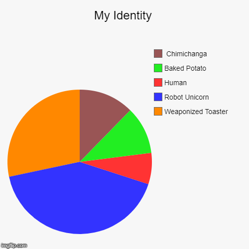 My Identity | Weaponized Toaster, Robot Unicorn, Human, Baked Potato,  Chimichanga | image tagged in funny,pie charts | made w/ Imgflip chart maker