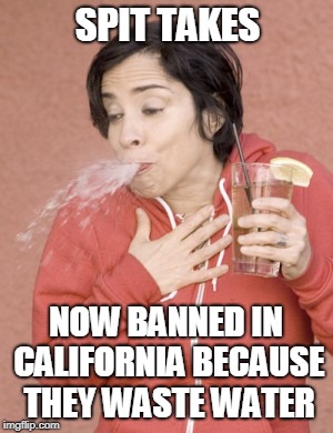 No More Spit Takes | SPIT TAKES; NOW BANNED IN CALIFORNIA BECAUSE THEY WASTE WATER | image tagged in spit take,memes,banned,california,plastic straws | made w/ Imgflip meme maker