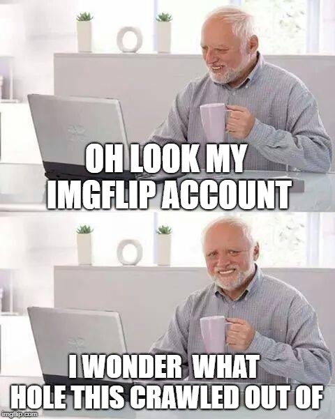 Hide the Pain Harold Meme | OH LOOK MY IMGFLIP ACCOUNT; I WONDER  WHAT HOLE THIS CRAWLED OUT OF | image tagged in memes,hide the pain harold | made w/ Imgflip meme maker