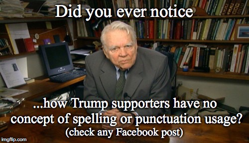 Are they not educated, or do they just not care? | Did you ever notice; ...how Trump supporters have no concept of spelling or punctuation usage? (check any Facebook post) | image tagged in trump,andy rooney | made w/ Imgflip meme maker