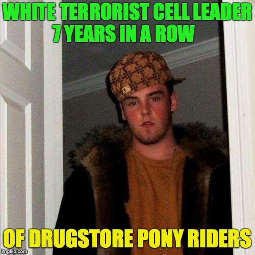 Scumbag Steve Meme | WHITE TERRORIST CELL LEADER         7 YEARS IN A ROW; OF DRUGSTORE PONY RIDERS | image tagged in memes,scumbag steve | made w/ Imgflip meme maker