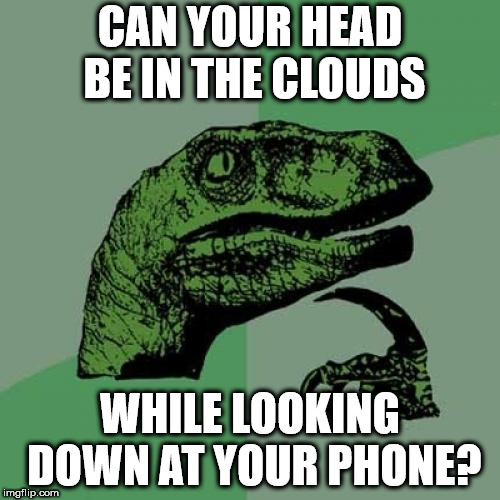 paradoxtyl | CAN YOUR HEAD BE IN THE CLOUDS; WHILE LOOKING DOWN AT YOUR PHONE? | image tagged in memes,philosoraptor | made w/ Imgflip meme maker