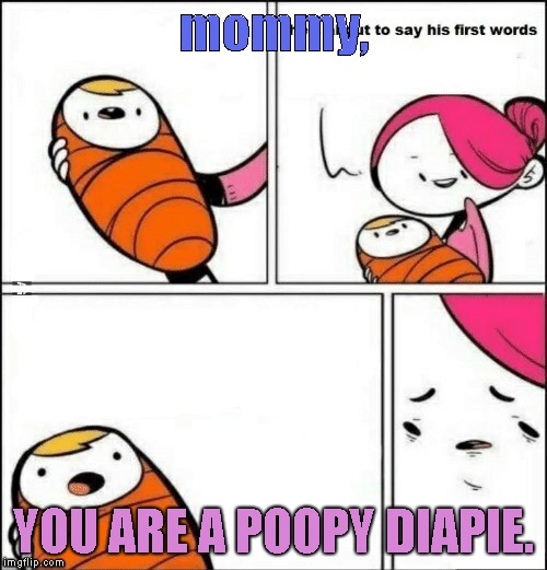 baby first words | mommy, YOU ARE A POOPY DIAPIE. | image tagged in baby first words | made w/ Imgflip meme maker