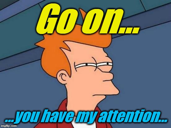 Futurama Fry Meme | Go on... ...you have my attention... | image tagged in memes,futurama fry | made w/ Imgflip meme maker