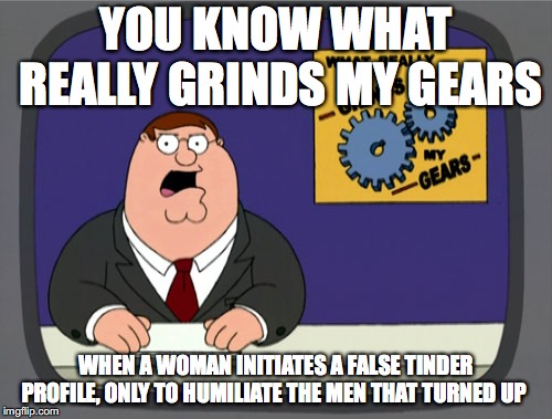 Peter Griffin News Meme | YOU KNOW WHAT REALLY GRINDS MY GEARS; WHEN A WOMAN INITIATES A FALSE TINDER PROFILE, ONLY TO HUMILIATE THE MEN THAT TURNED UP | image tagged in memes,peter griffin news | made w/ Imgflip meme maker