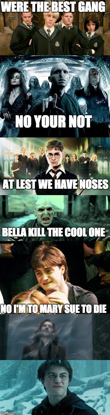 gangs | WERE THE BEST GANG; NO YOUR NOT; AT LEST WE HAVE NOSES; BELLA KILL THE COOL ONE; NO I'M TO MARY SUE TO DIE | image tagged in harrypotter | made w/ Imgflip meme maker