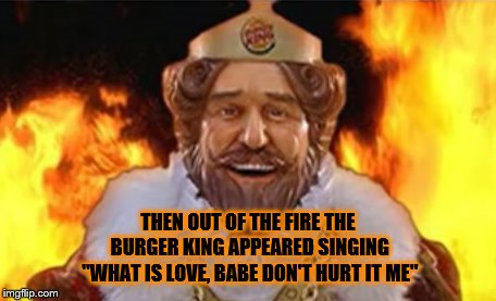 THEN OUT OF THE FIRE THE BURGER KING APPEARED SINGING "WHAT IS LOVE, BABE DON'T HURT IT ME" | made w/ Imgflip meme maker