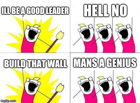 What Do We Want | ILL BE A GOOD LEADER; HELL NO; MANS A GENIUS; BUILD THAT WALL | image tagged in memes,what do we want | made w/ Imgflip meme maker