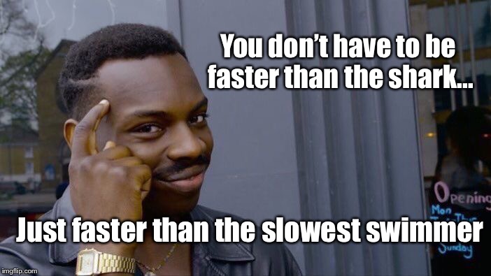 Roll Safe Think About It Meme | You don’t have to be faster than the shark... Just faster than the slowest swimmer | image tagged in memes,roll safe think about it | made w/ Imgflip meme maker