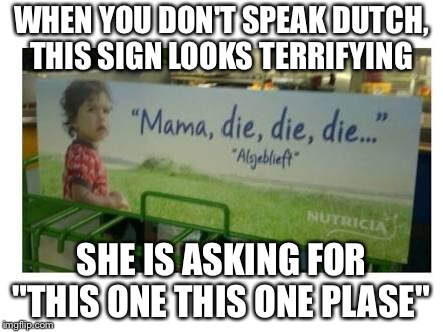 Dutch People Nowadays | WHEN YOU DON'T SPEAK DUTCH, THIS SIGN LOOKS TERRIFYING; SHE IS ASKING FOR "THIS ONE THIS ONE PLASE" | image tagged in scary | made w/ Imgflip meme maker