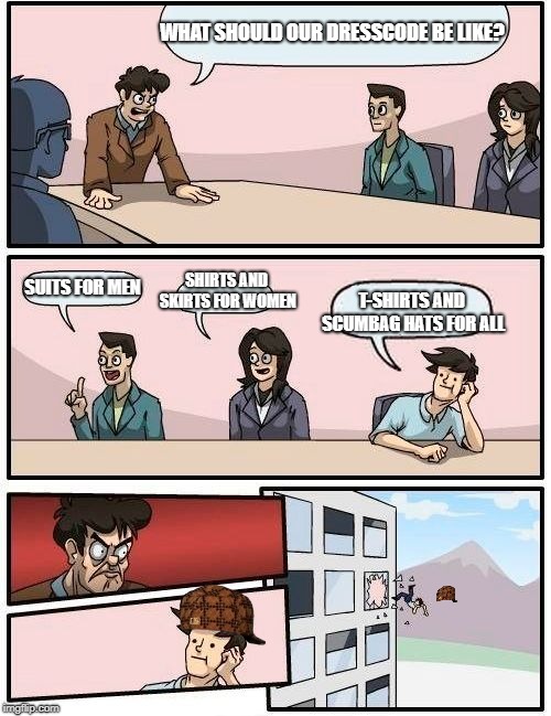 Boardroom Meeting Suggestion Meme | WHAT SHOULD OUR DRESSCODE BE LIKE? SHIRTS AND SKIRTS FOR WOMEN; SUITS FOR MEN; T-SHIRTS AND SCUMBAG HATS FOR ALL | image tagged in memes,boardroom meeting suggestion,scumbag | made w/ Imgflip meme maker